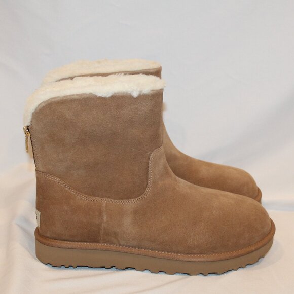 UGG WOMEN'S MINI ZIP SUEDE SHEARLING LINED ANKLE BOOTS CHESTNUT NEW - Picture 2 of 10